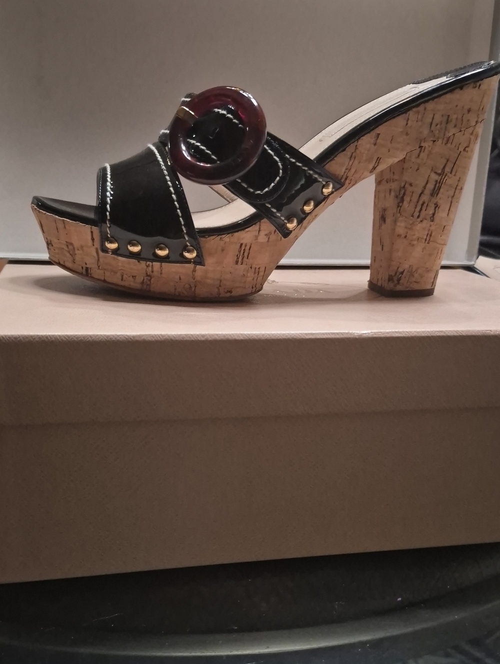 Black Cork Platform Slide Mules with Decorative Round Buckle